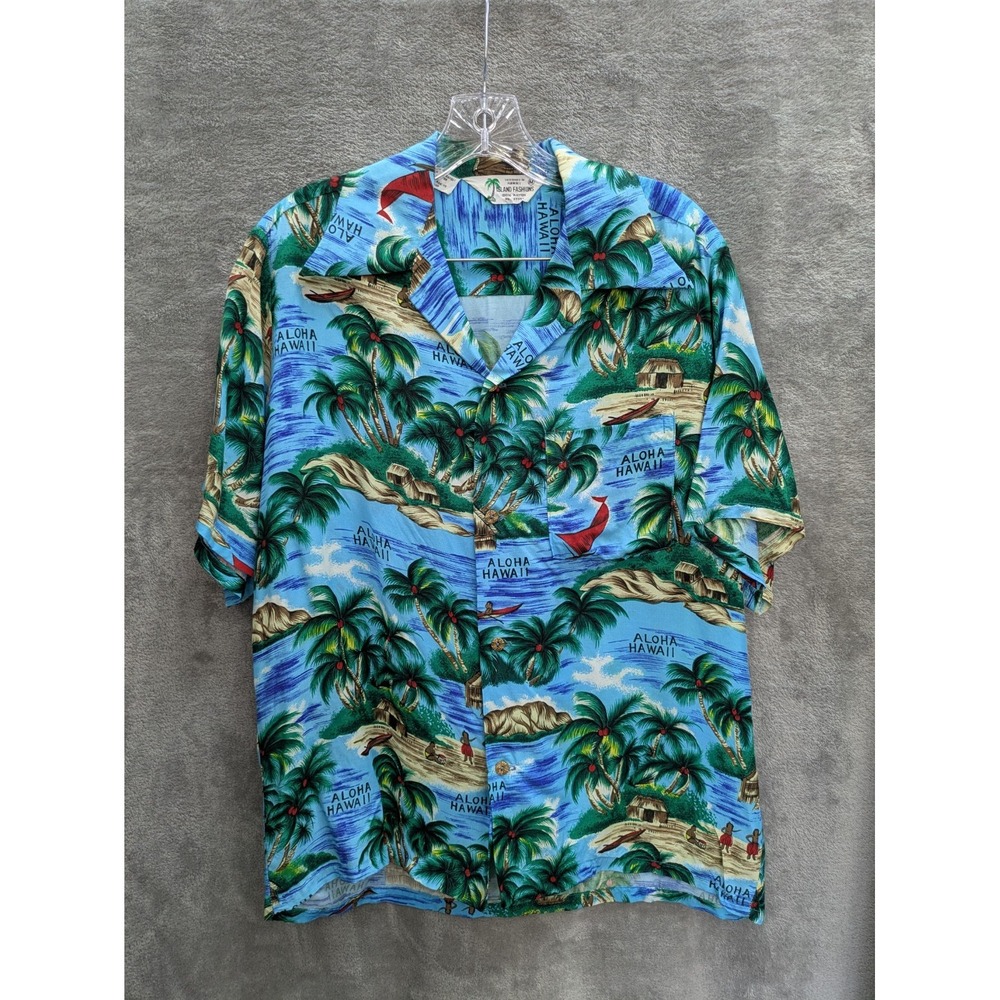 Men's‎ Hawaiian Shirt Medium Palm Trees Tropical Resort Bright Blue